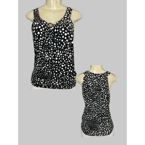 Spense L Black White Polka Dot Tank Top Scoop Neck Metal Ring Detail Banded Hem